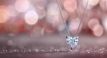Heart-Shaped Diamond Necklace Glimmering Against Bokeh Background photo
