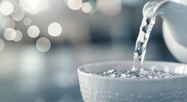 Pouring Water From a Jug Into a White Bowl With Sparkling Background photo