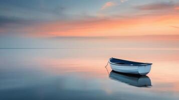 Solitary Boat Floating on Calm Water at Sunrise in Tranquil Landscape photo