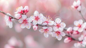 Delicate Cherry Blossom Branches Blooming in Springtime With Soft Pink Background photo