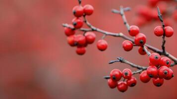 Vibrant Red Berries on a Branch Against a Softly Blurred Red Background in Autumn photo