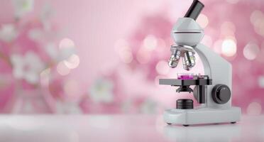 Laboratory Microscope Set Against Pink Floral Background in Science Workspace photo