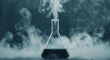 Laboratory Flask Surrounded by Mist on a Dark Surface photo