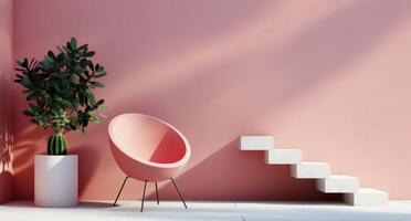 Modern Minimalist Interior With Pink Walls and Unique Furniture in Bright Natural Light photo