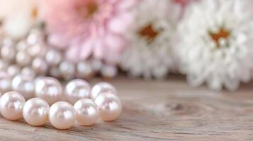 Elegant Pearl Necklace Surrounded by Red Berries on Wooden Table photo