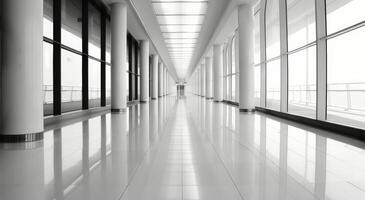 Modern Corridor With Polished Floors and Tall Windows in a High-Rise Building photo