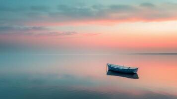 Solitary Boat Floating on Calm Water at Sunrise in Tranquil Landscape photo