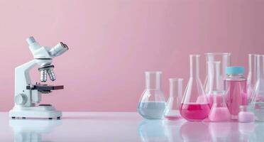 Laboratory Microscopy Setup With Glassware and Pink Background in Modern Science Space photo