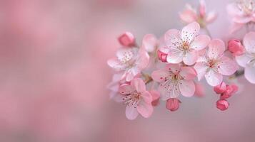 Delicate Cherry Blossom Branches Blooming in Springtime With Soft Pink Background photo
