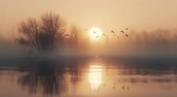 Sunset Over Mountains With Migrating Birds Flying Across Calm Waters photo
