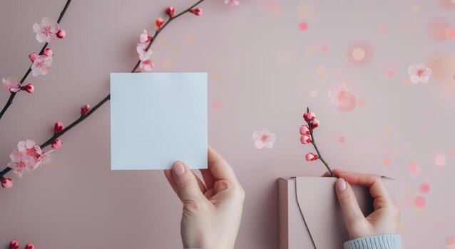 Spring Blooming Branches With Blank Card and Book on Soft Pink Background photo