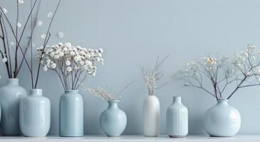 Elegant Display of Blue and White Vases With Dried Flowers Against Light Blue Wall photo