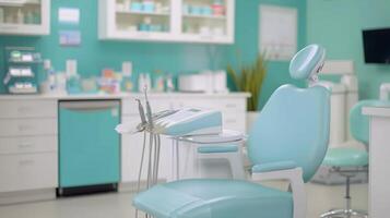 Modern Office Chair Against Aqua Blue Wall in Contemporary Workspace photo