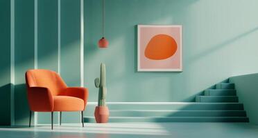 Modern Living Room With Colorful Walls, Chair, Cacti, and Stairs in Daylight photo