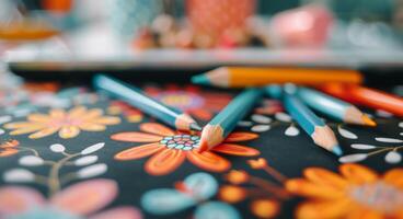 Colorful Pencils on Flower Patterned Paper With Blurred Background Lights photo