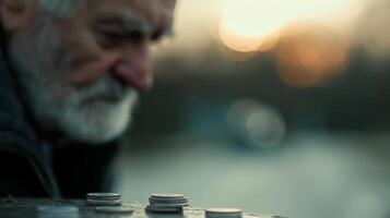 Stacks Of Coins On The Ground With A Person Walking In The Background At Dusk photo