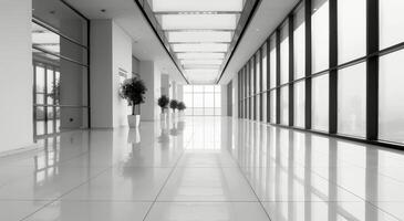 Modern Office Corridor With Floor-to-Ceiling Windows in Bright Natural Light photo