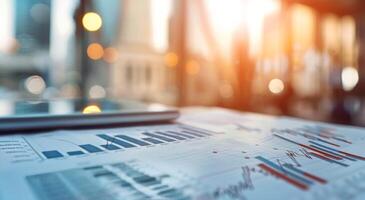 Business Analytics Report With Graphs on Table During Sunset in Modern Office photo