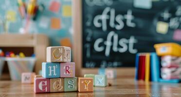 Colorful Wooden Blocks Stacked in Classroom During Learning Activity photo