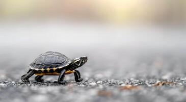 Tiny Turtle Crossing A Paved Road Under Soft Natural Light photo