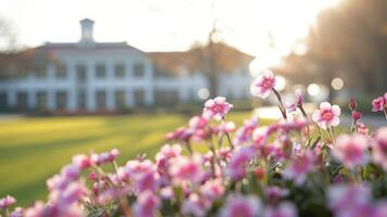 Blooming Pink Flowers in Front of a Historic Mansion at Sunset photo