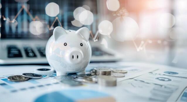 Piggy Bank on Financial Reports With Coins and Charts in Office Setting photo