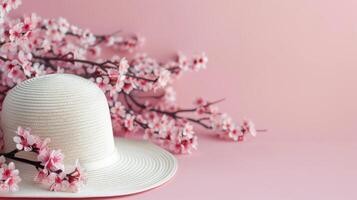 Elegant Sun Hat With Cherry Blossom Branches on Soft Pink Background photo
