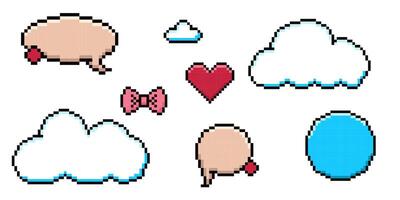 Set of pixel art dialogue box, heart, star, cloud. Speech bubbles in the mood of 90s aesthetics. 8-bit retro style illustration. vector
