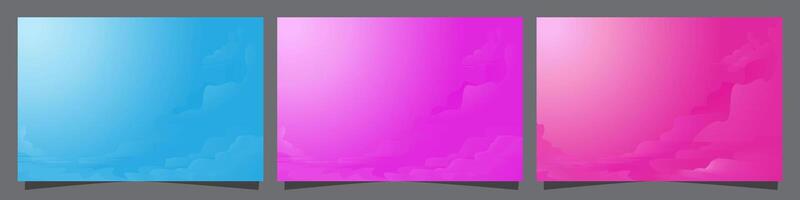 Colorful sky editable background set, snow mountain and iced river and colorful sky view. Summer sky cloud gradient light white background. Dusk sky vector