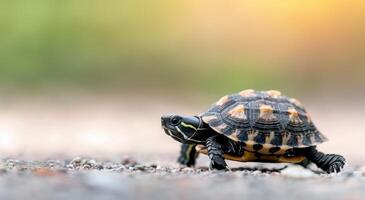 Tiny Turtle Crossing A Paved Road Under Soft Natural Light photo
