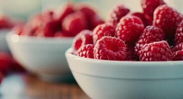 Fresh Raspberries in White Bowls on a Wooden Table photo