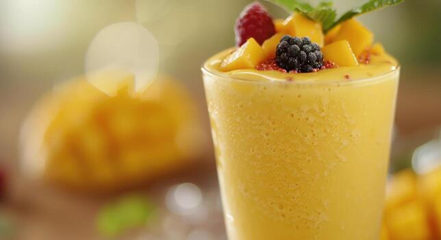 Refreshing Mango Smoothie With Berries Served on a Sunny Day photo
