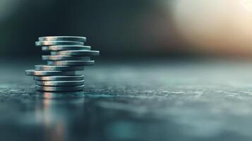Stacked Coins on Wet Surface With Blurred Background in Natural Lighting photo