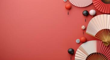 Elegant Paper Umbrellas and Chopsticks on Red Background photo