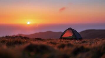 Sunset Camping at Mountain View Overlooking Valley Landscape photo