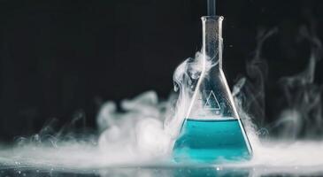 Laboratory Flask Bubbling With Blue Liquid and Smoke in Dimly Lit Environment photo