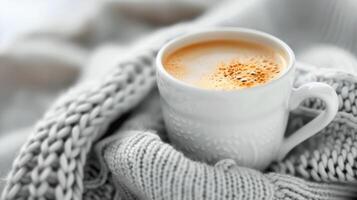 Cozy Coffee Cup Wrapped in Soft Knit Scarf on a Chilly Day photo