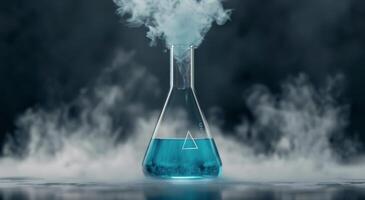 Blue Liquid in Glass Flask With Vapor on Dark Background in Laboratory Setting photo