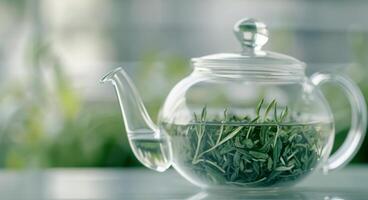 Fresh Mint Leaves Steeping in Glass Teapot With Soft Background photo