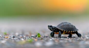 Tiny Turtle Crossing A Paved Road Under Soft Natural Light photo
