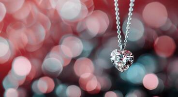 Heart-Shaped Diamond Necklace Glimmering Against Bokeh Background photo