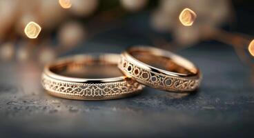 Elegant Gold Wedding Rings Close-Up on Textured Surface photo