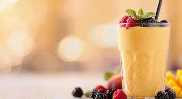 Refreshing Mango Smoothie With Berries Served on a Sunny Day photo