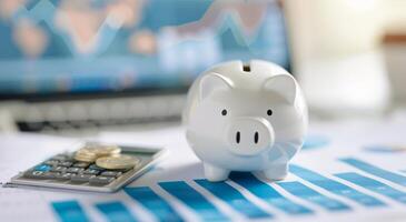 Piggy Bank on Financial Reports With Calculator and Coins in Office Setting photo