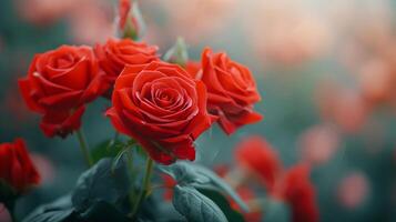 Vibrant Red Roses Blooming in a Sunny Garden at Dawn photo