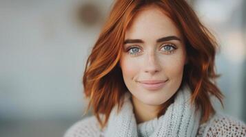 Woman With Red Hair and Glasses Posing Against a Neutral Background photo