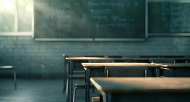 Classroom With Empty Desks During Morning Light in Educational Setting photo