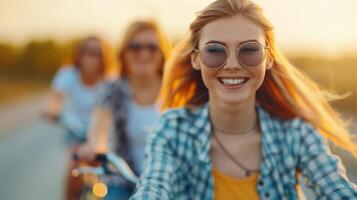 Happy Cyclist Riding on Sunlit Trail With Friends in Summer Evening photo