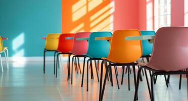 Colorful Chairs Arranged in Empty Classroom With Vibrant Walls in Morning Light photo