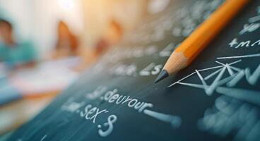 School Classroom Setting With Focus on Writing on Chalkboard photo